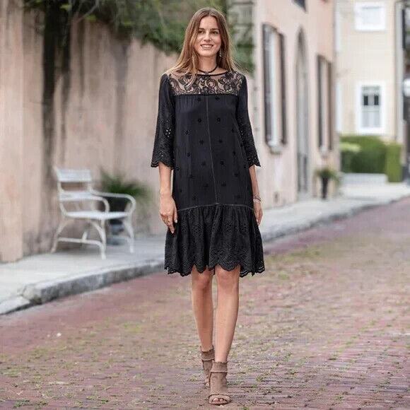 Sundance Nadine Black Eyelet Lace Yoke Shift Dress Size Small NWT - Picture 1 of 11
